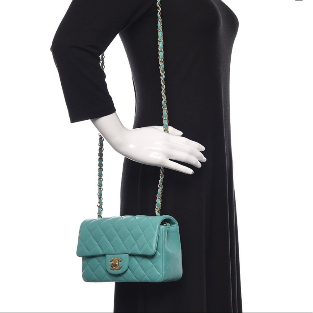 FULL SET - CHANEL Mini Classic Handbag (Blue / Turquoise with Champagne Gold HW) - Picture 6 of 13